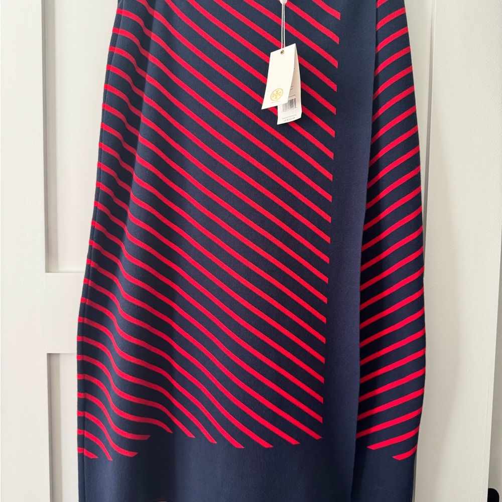 Tory Burch Navy and Red Striped A-Line Skirt